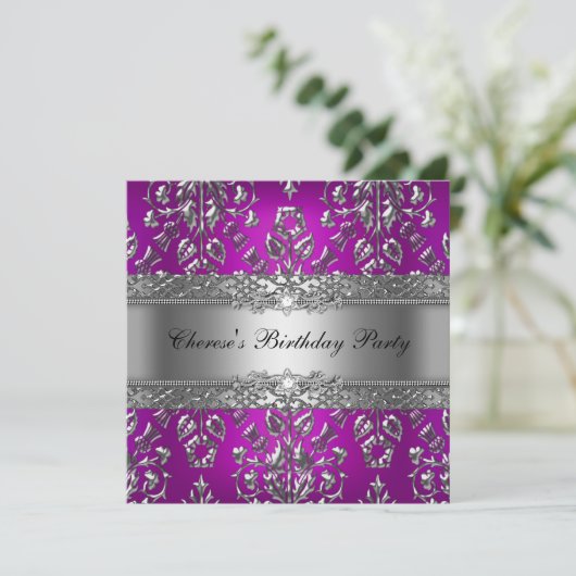 Birthday Party Magenta Silver Damask Kaart (Staand voorkant)