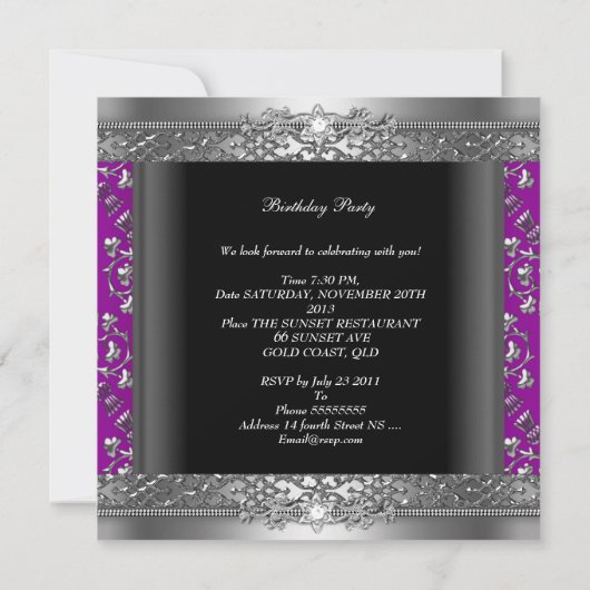 Birthday Party Magenta Silver Damask Kaart (Achterkant)