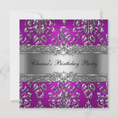 Birthday Party Magenta Silver Damask Kaart (Voorkant)