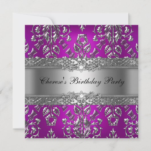 Birthday Party Magenta Silver Damask Kaart (Voorkant)