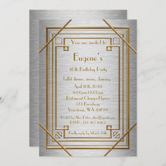 Birthday Party man, Gold Gatsby style, Silver Kaart (Voorkant / Achterkant)