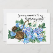 Birthday party mandje met blauwe hydrangeas kaart (Voorkant)