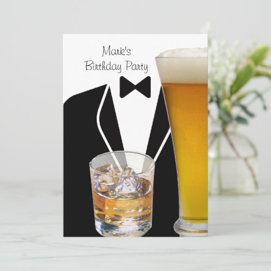 Birthday Party Mans Mannen Beer Scotch Tuxedo Kaart (Staand voorkant)