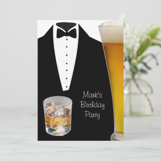 Birthday Party Mans Mannen Beer Scotch Tuxedo Kaart (Staand voorkant)