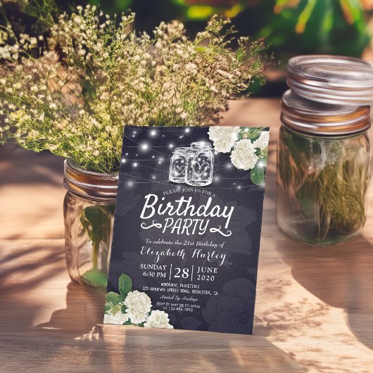 Birthday Party Mason Jars Hydrangea String Lights Kaart