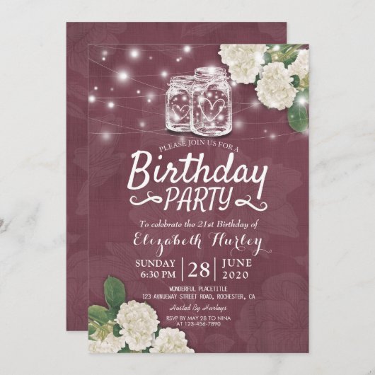 Birthday Party Mason Jars Hydrangea String Lights Kaart (Voorkant / Achterkant)