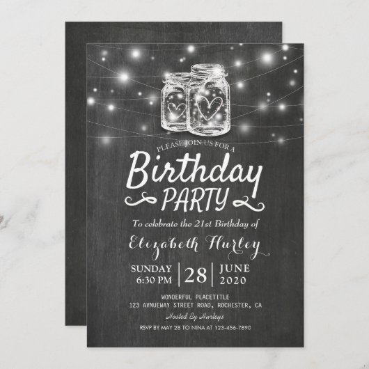 Birthday Party Mason Jars String Lights Chalkboard Kaart (Voorkant / Achterkant)