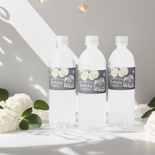 Birthday Party Mason Jars String Lights Flowers Waterfles Etiket