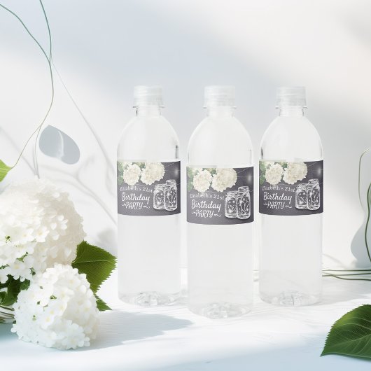 Birthday Party Mason Jars String Lights Flowers Waterfles Etiket