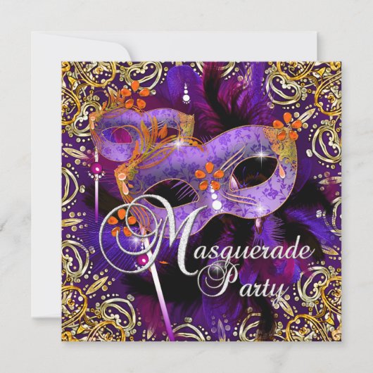 Birthday Party Masquerade Paars Oranje Gold Kaart (Voorkant)