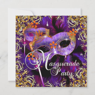 Birthday Party Masquerade Paars Oranje Gold Kaart