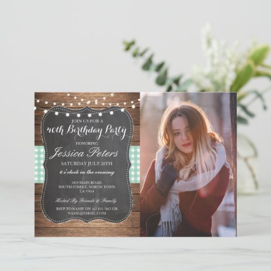 Birthday Party Mint Check Rustic Chalk Foto Kaart (Staand voorkant)