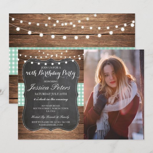 Birthday Party Mint Check Rustic Chalk Foto Kaart (Voorkant / Achterkant)