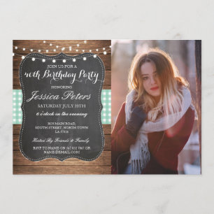 Birthday Party Mint Check Rustic Chalk Foto Kaart