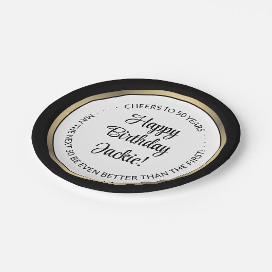Birthday Party Modern Black, White & Gold Round Papieren Bordje (Gekanteld)