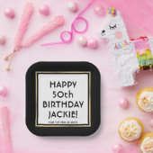 Birthday Party Modern Black, White & Gold Square Papieren Bordje (Feest)