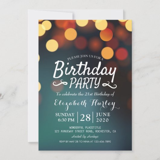 Birthday Party Modern Blauwgroen Gold Bokeh String Kaart (Voorkant)