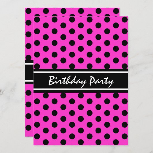 Birthday Party Modern Pink and Black Polka Dot Kaart (Voorkant / Achterkant)
