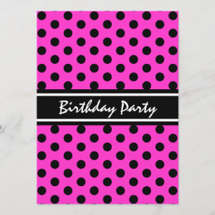 Birthday Party Modern Pink and Black Polka Dot Kaart