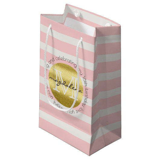 Birthday Party Monogram Gold Glitter Pink Stripes Klein Cadeauzakje (Voorkant Gekanteld)