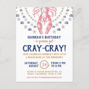Birthday Party Nautical Beach Crayfish Coral Navy Uitnodiging Briefkaart