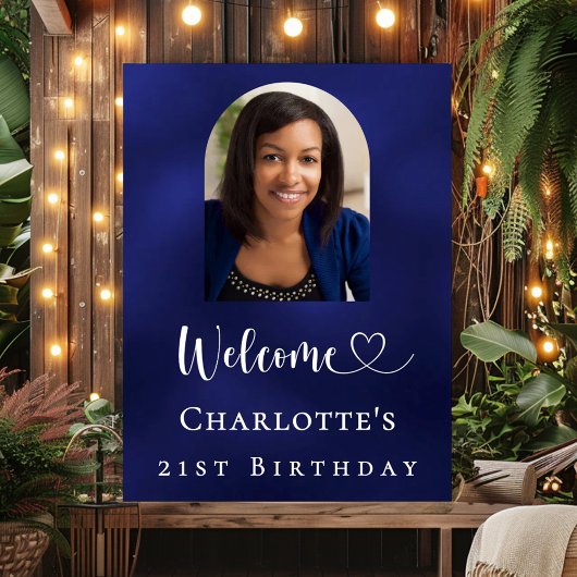 Birthday party navy blue arch photo welcome poster