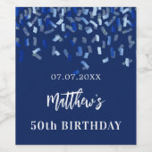 Birthday party navy blue confetti name wijn etiket (Enkel label)