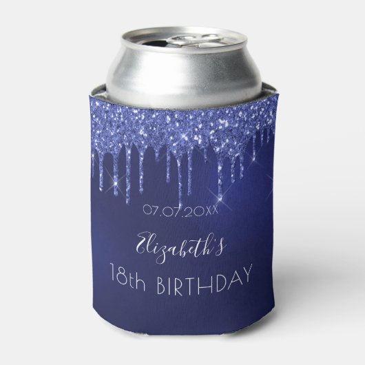 Birthday party navy blue glitter druist witte naam blikjeskoeler (Blikje Voorkant)