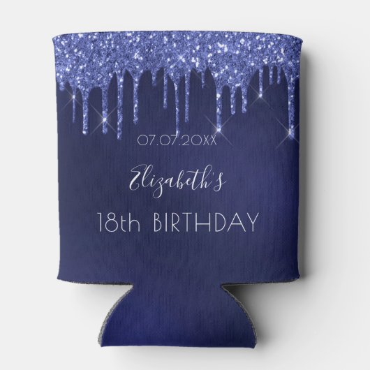 Birthday party navy blue glitter druist witte naam blikjeskoeler (Achterkant)