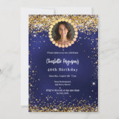 Birthday party navy blue gold diamond photo kaart (Voorkant)