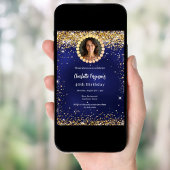 Birthday party navy blue gold diamond photo kaart