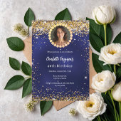 Birthday party navy blue gold diamond photo kaart
