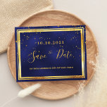 Birthday party navy blue gold save the date briefkaart<br><div class="desc">A Save the Date card for a 50th (or any age) birthday party for a guy, man, male. A dark blue background decorated with golden confetti and a faux gold and black frame. The blue color is uneven. Templates for a date and name/age 50. Golden colored letters. The text: Save...</div>