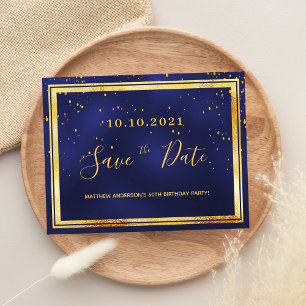 Birthday party navy blue gold save the date briefkaart
