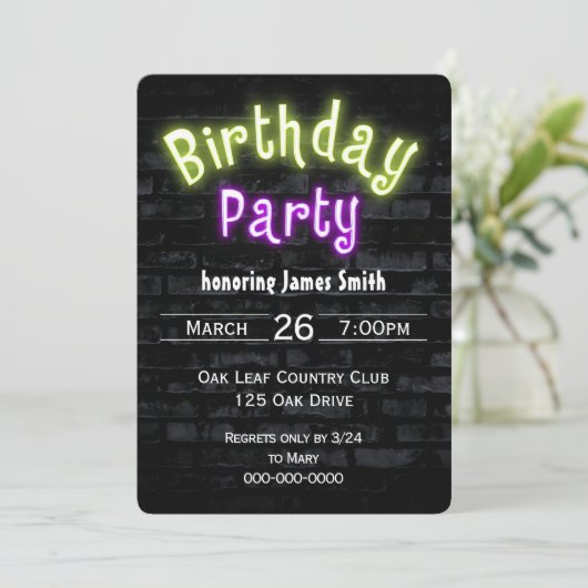 Birthday Party Neon Glow Sign. Brick Wall Kaart (Staand voorkant)