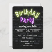 Birthday Party Neon Glow Sign. Brick Wall Kaart (Voorkant)