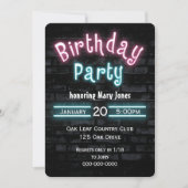 Birthday Party Neon Glow Sign. Brick Wall Kaart (Voorkant)
