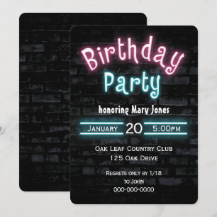 Birthday Party Neon Glow Sign. Brick Wall Kaart