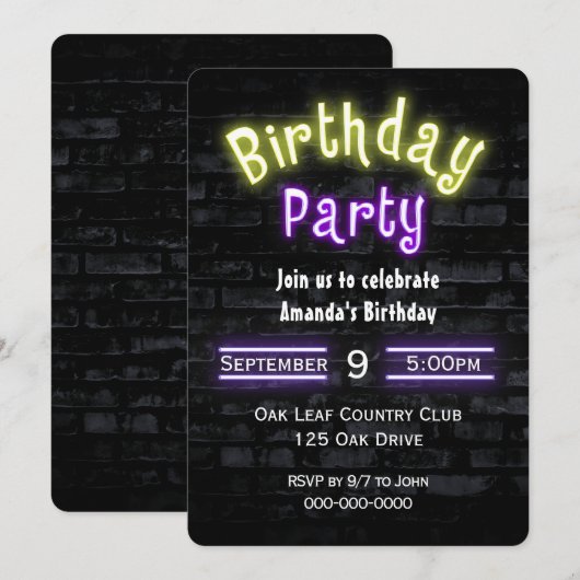 Birthday Party Neon Sign. Brick Wall Kaart (Voorkant / Achterkant)