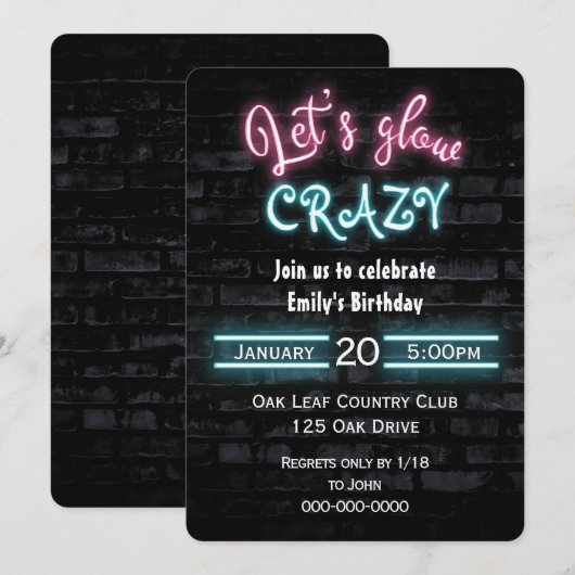 Birthday Party Neon Sign. Brick Wall Kaart (Voorkant / Achterkant)