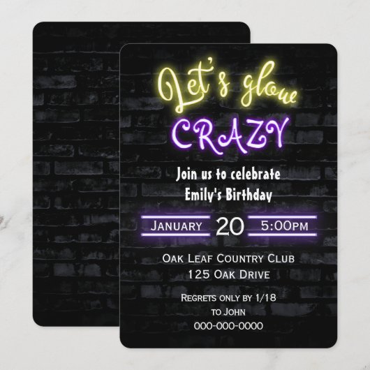 Birthday Party Neon Sign. Brick Wall Kaart (Voorkant / Achterkant)