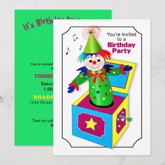 Birthday Party nodigt uit, kinderJack in de doos Kaart (Voorkant / Achterkant)