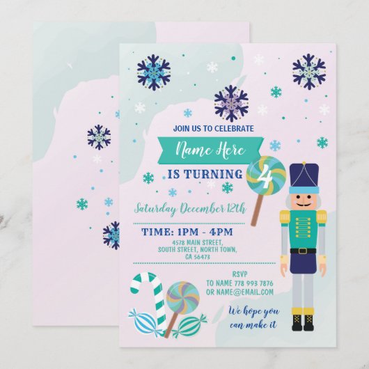 Birthday Party Nutkraker Speelgoed Kerstblauw Mint Kaart (Voorkant / Achterkant)