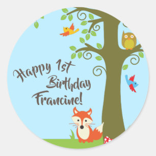 Birthday Party of Forest Animal Woodland Kind Ronde Sticker