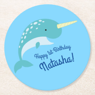 Birthday Party of Narwhals Ocean Kind Ronde Kartonnen Onderzetter