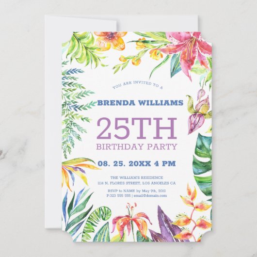 Birthday Party of Tropical Floral Lijst Invite Kaart (Voorkant)