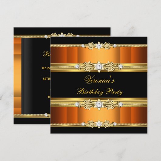 Birthday Party Oranje Gold Black Kaart (Voorkant / Achterkant)
