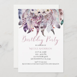 Birthday party over Boho Bohemian Feathers Kaart