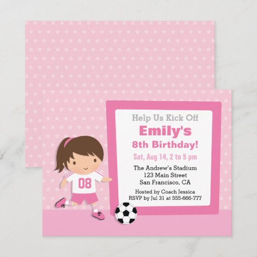 Birthday party over cute Girl Pink Soccer Kaart (Voorkant / Achterkant)