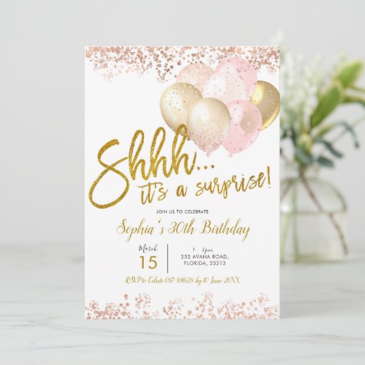 Birthday party over roze en gouden ballon kaart (Staand voorkant)